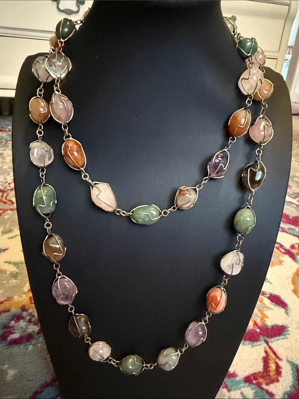 Caged Gemstones Long Necklace No Clasp 20” Length